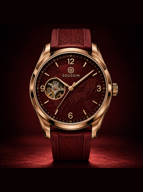 SOUSSIM QASR IX watch with burgundy dial, rose-gold case, and red strap